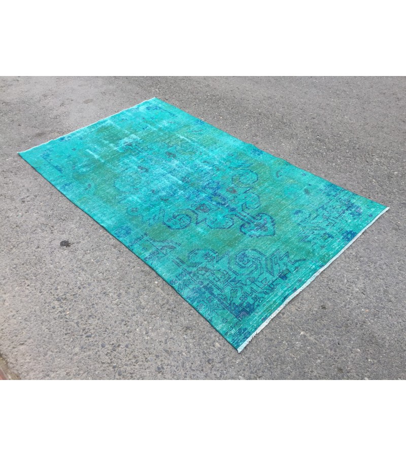 4x7 green blue kitchen rug, geometric rug, , retro rug, 4'2 X 7'3 woven rug