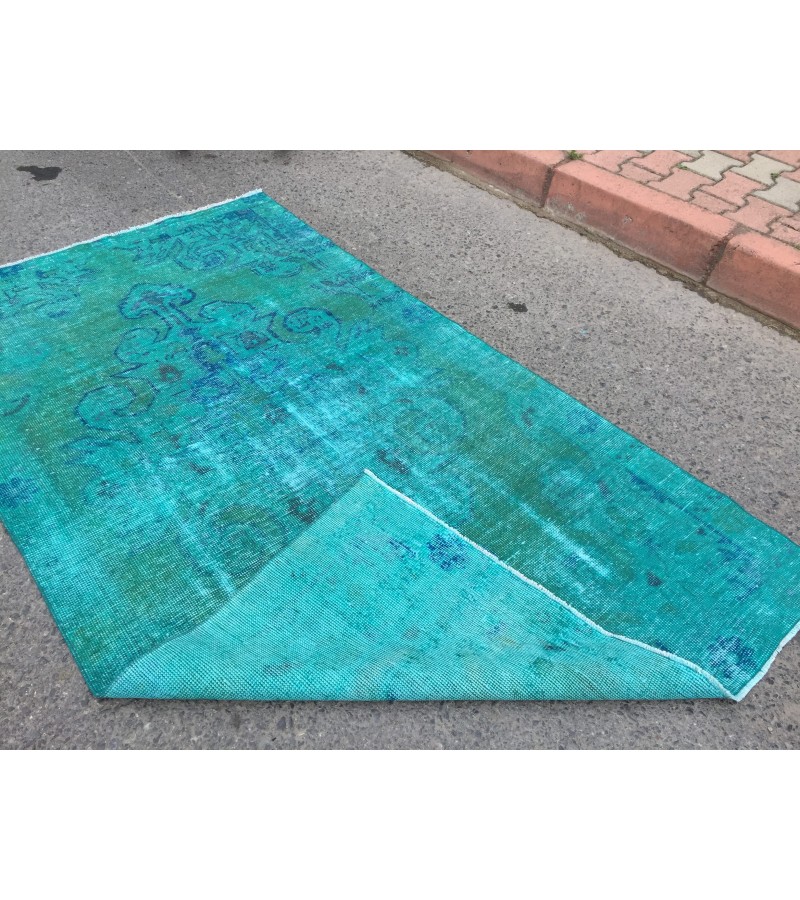 4x7 green blue kitchen rug, geometric rug, , retro rug, 4'2 X 7'3 woven rug