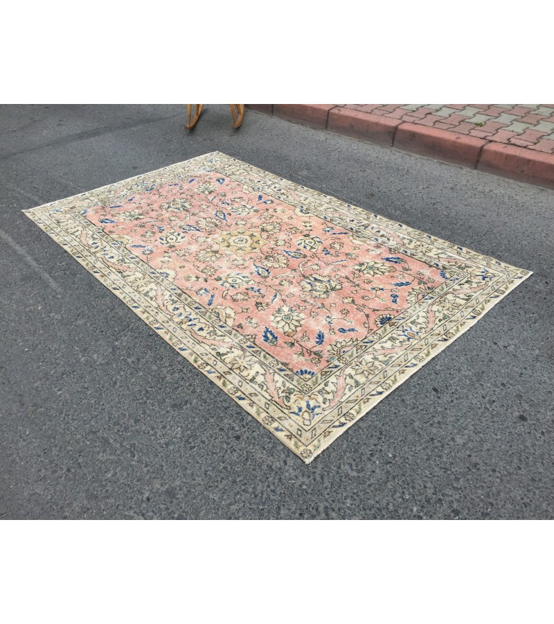 5x8 dining room rug, vintage Turkish rug, pastel red beige rug, 4'11 X 8' Handmade rug