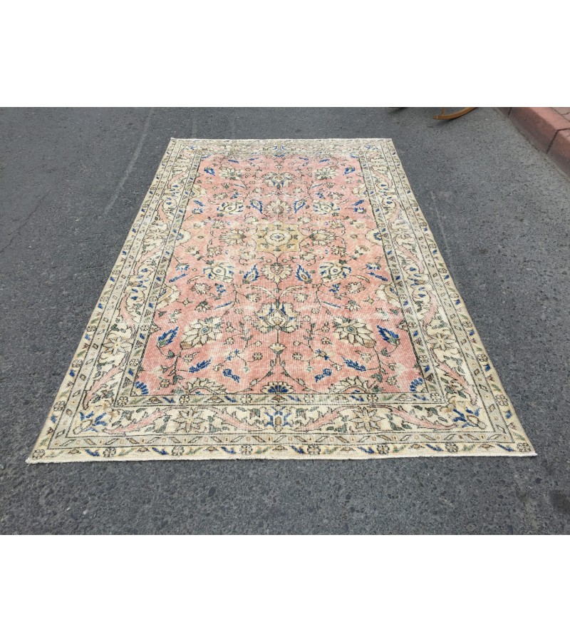 5x8 dining room rug, vintage Turkish rug, pastel red beige rug, 4'11 X 8' Handmade rug