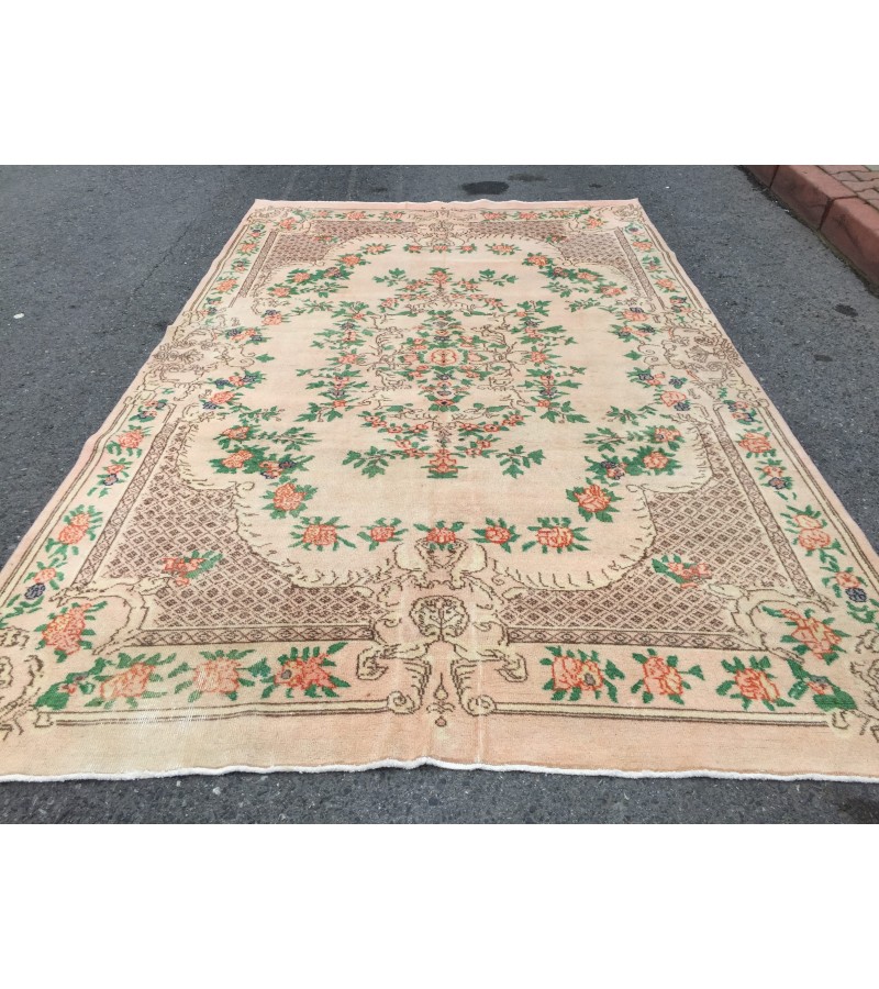 7x11 floral Handmade Area rug , Vintage Rug , 6'10 X 10'9 Farmhouse Retro rug ,beige green Nomadic rug