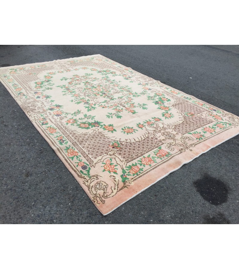 7x11 floral Handmade Area rug , Vintage Rug , 6'10 X 10'9 Farmhouse Retro rug ,beige green Nomadic rug