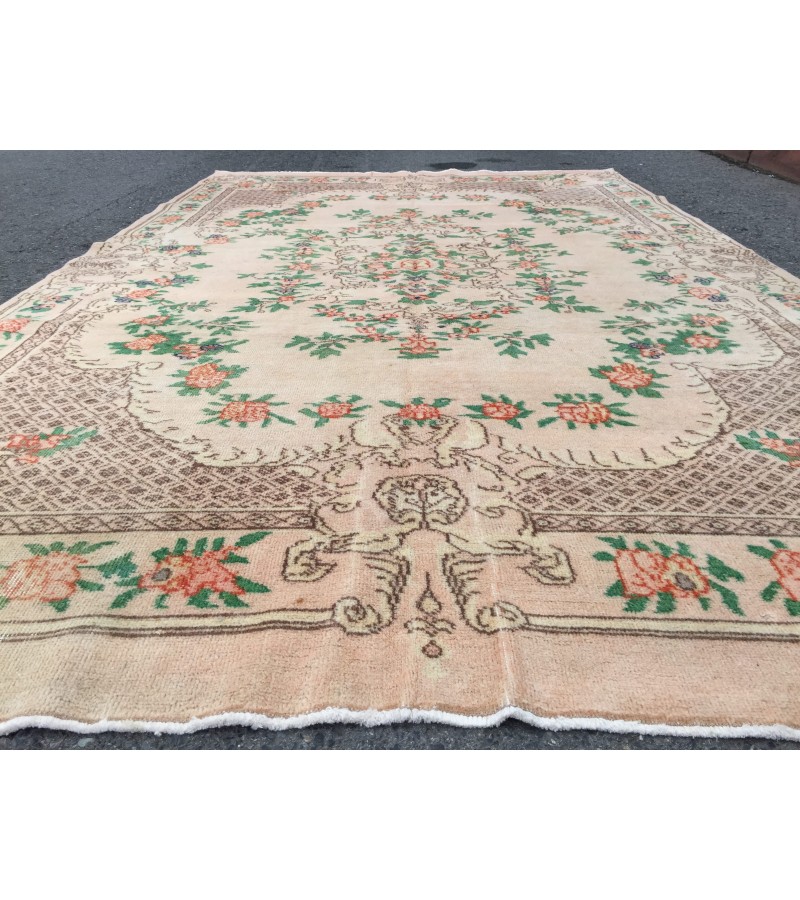 7x11 floral Handmade Area rug , Vintage Rug , 6'10 X 10'9 Farmhouse Retro rug ,beige green Nomadic rug