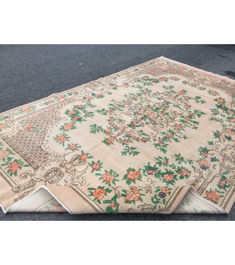 7x11 floral Handmade Area rug , Vintage Rug , 6'10 X 10'9 Farmhouse Retro rug ,beige green Nomadic rug