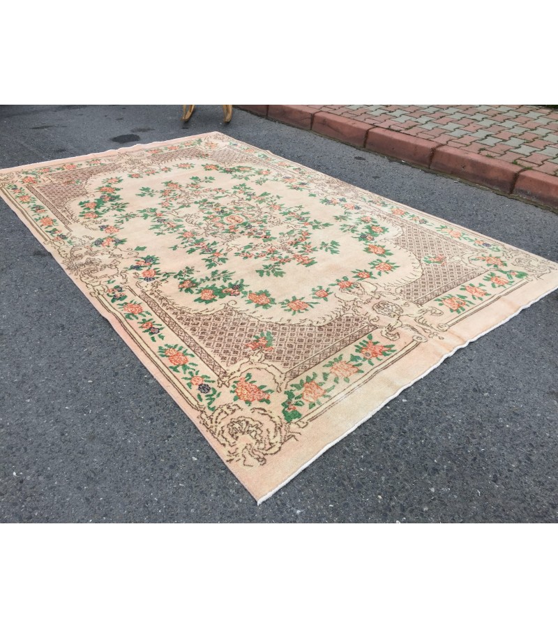 7x11 floral Handmade Area rug , Vintage Rug , 6'10 X 10'9 Farmhouse Retro rug ,beige green Nomadic rug