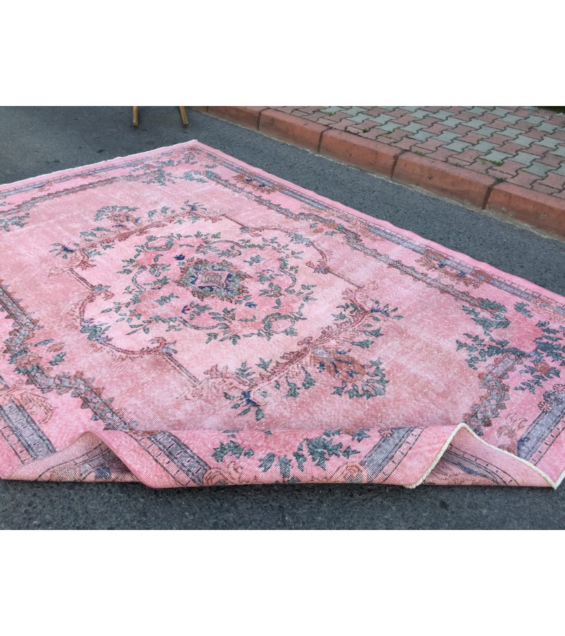7x11 floral pink vintage Living room rug, retro rug, 7'5 X 10'8 handmade rug