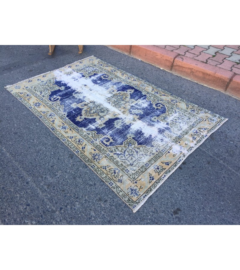 4x6 distressed Turkish rug , bedroom rug, 4' X 6'2 Blue Beige Handmade vintage rug