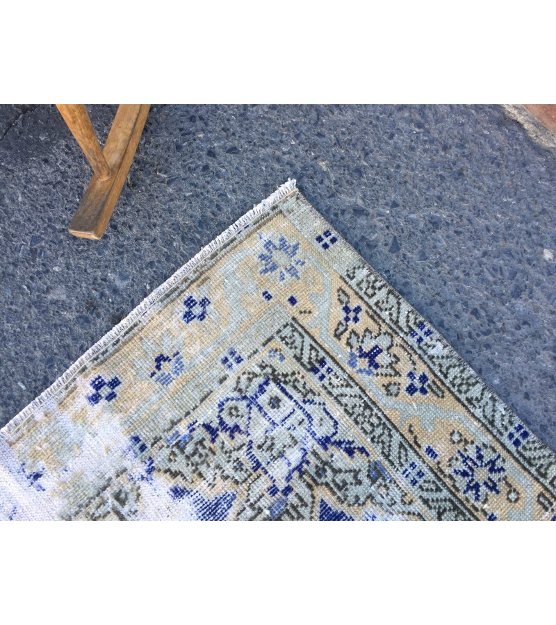 4x6 distressed Turkish rug , bedroom rug, 4' X 6'2 Blue Beige Handmade vintage rug