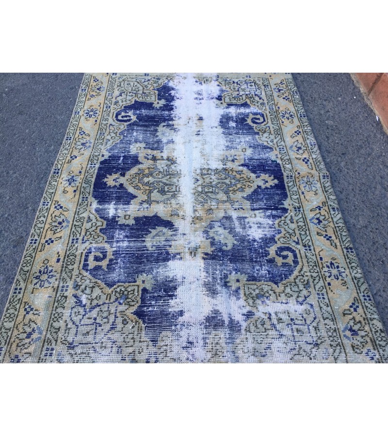 4x6 distressed Turkish rug , bedroom rug, 4' X 6'2 Blue Beige Handmade vintage rug