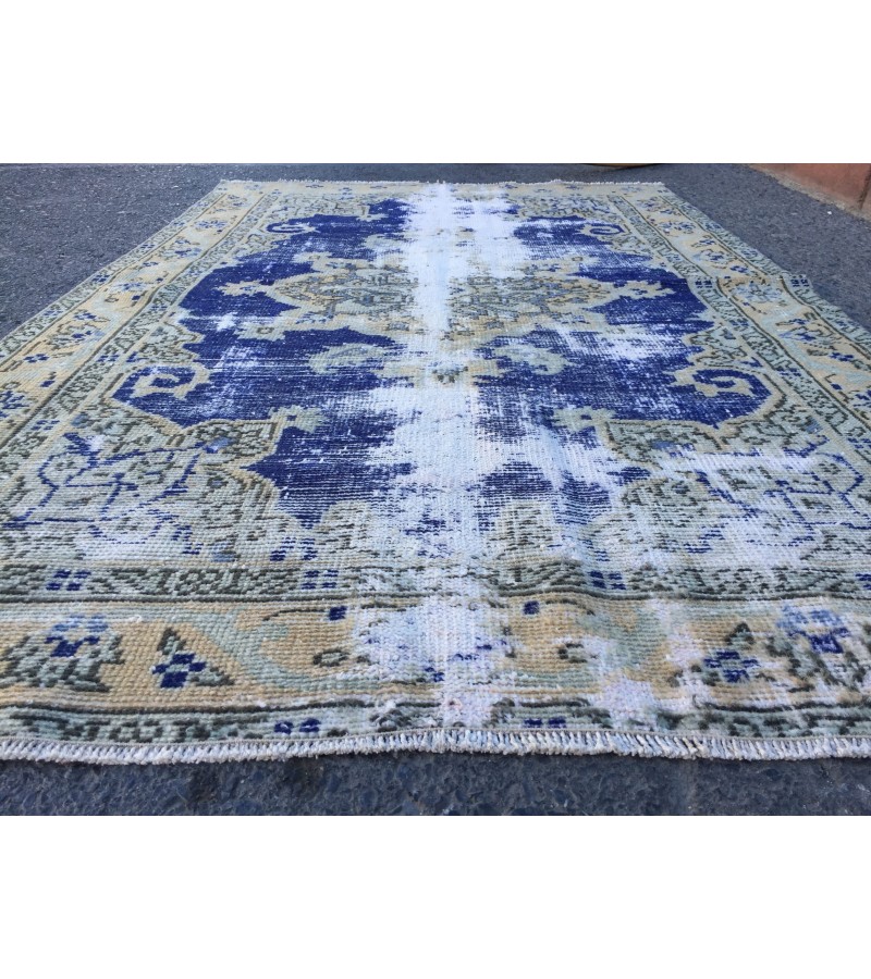 4x6 distressed Turkish rug , bedroom rug, 4' X 6'2 Blue Beige Handmade vintage rug