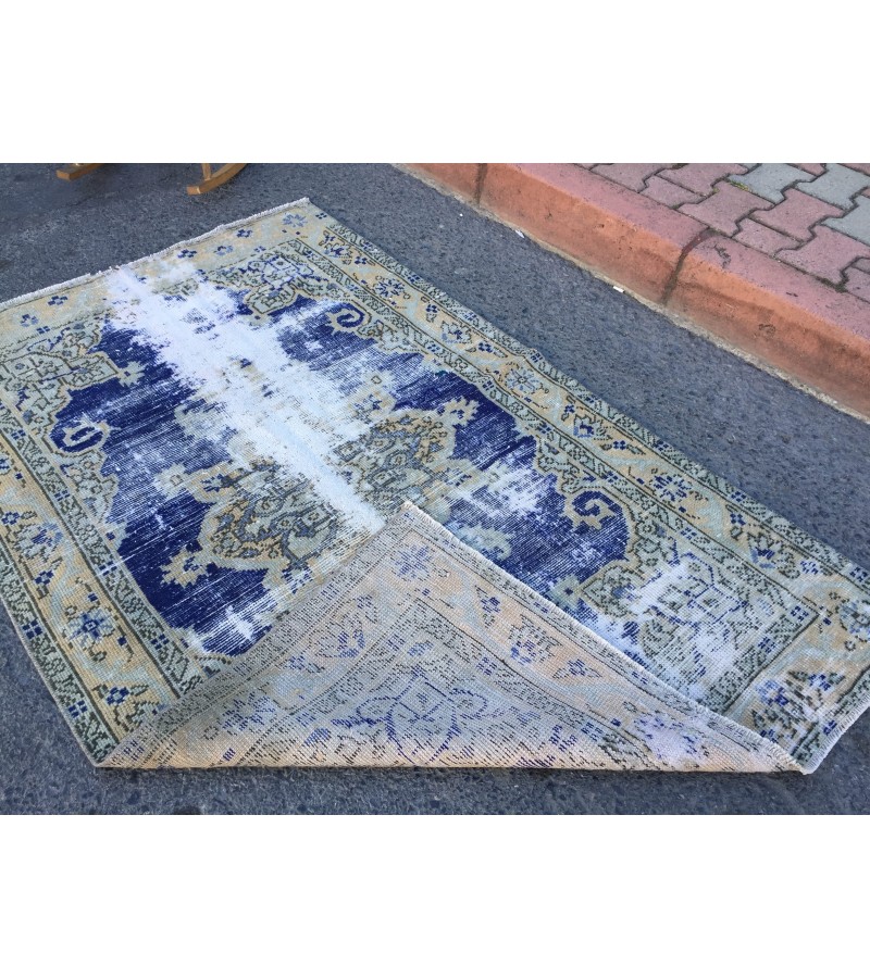 4x6 distressed Turkish rug , bedroom rug, 4' X 6'2 Blue Beige Handmade vintage rug