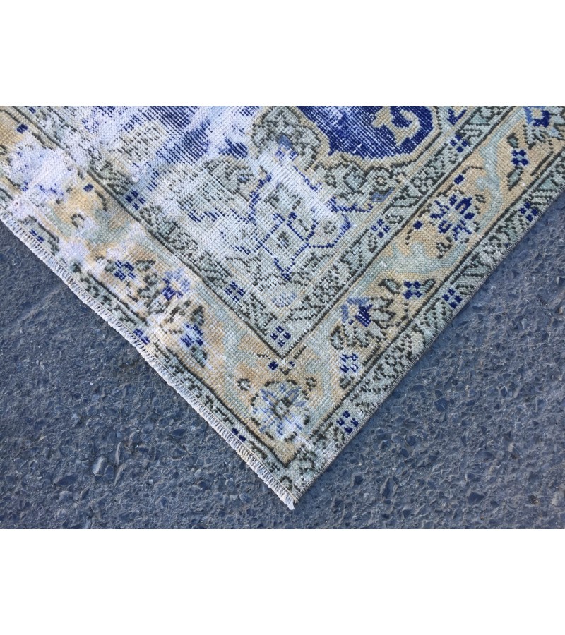 4x6 distressed Turkish rug , bedroom rug, 4' X 6'2 Blue Beige Handmade vintage rug