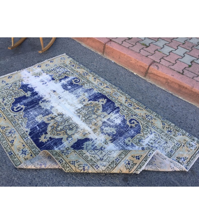4x6 distressed Turkish rug , bedroom rug, 4' X 6'2 Blue Beige Handmade vintage rug