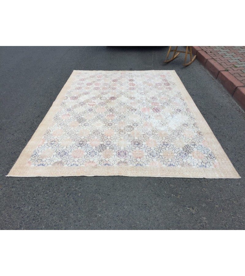 6x9 minimal floral area rug, hand knotted Turkish rug , 6'5 X 9 retro rug
