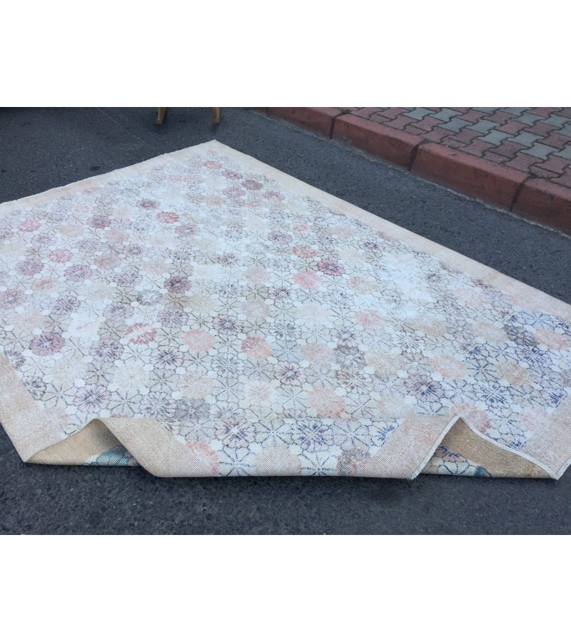 6x9 minimal floral area rug, hand knotted Turkish rug , 6'5 X 9 retro rug