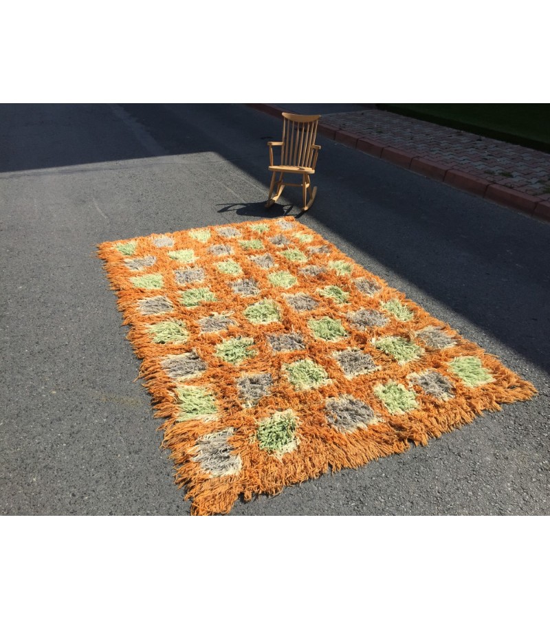 6x10 Vintage Orange shaggy rug, Moroccan rug 6x9 , Turkish Tulu rug , 6 X 9'6 handmade decor rug