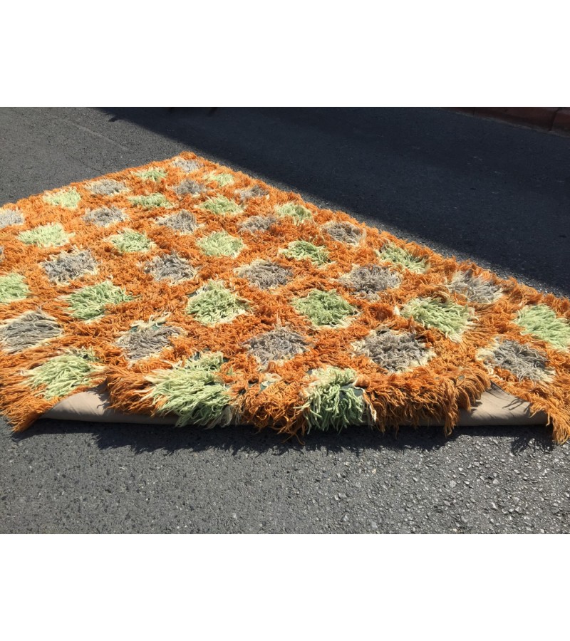 6x10 Vintage Orange shaggy rug, Moroccan rug 6x9 , Turkish Tulu rug , 6 X 9'6 handmade decor rug