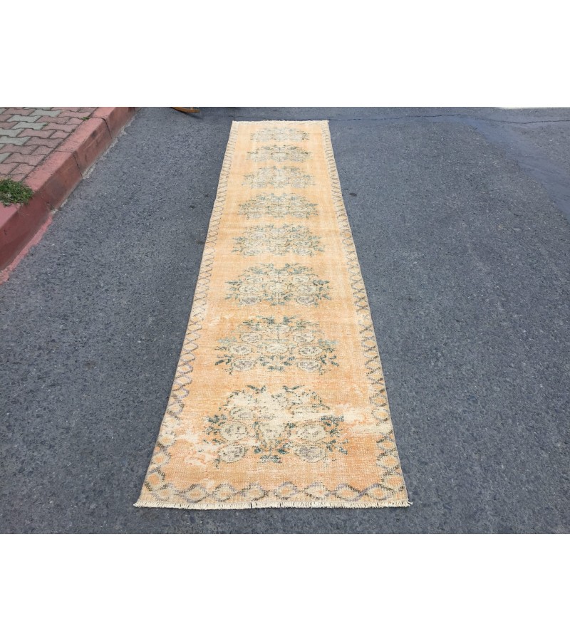 3x11 floral orange beige runner, retro runner, corridor rug , 2'6 X 11' boho runner