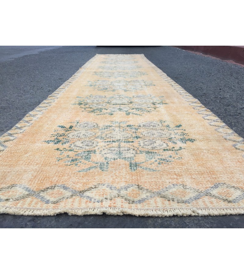 3x11 floral orange beige runner, retro runner, corridor rug , 2'6 X 11' boho runner