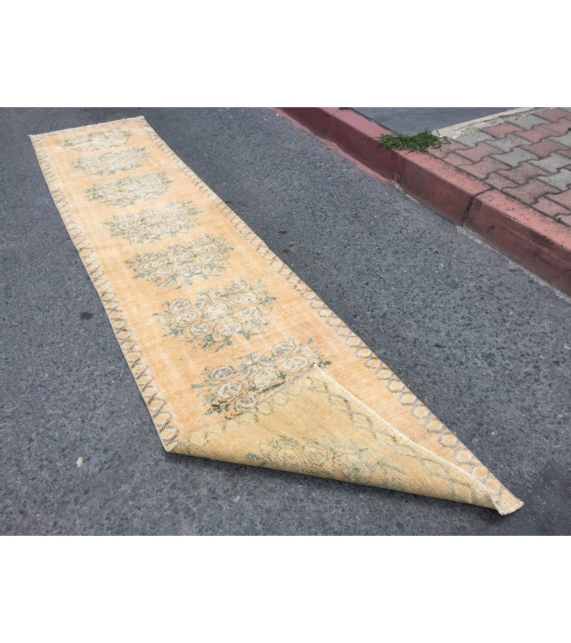 3x11 floral orange beige runner, retro runner, corridor rug , 2'6 X 11' boho runner