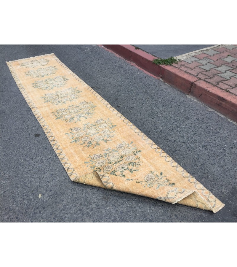 3x11 floral orange beige runner, retro runner, corridor rug , 2'6 X 11' boho runner