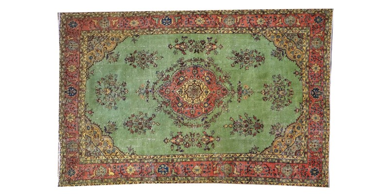 6'9X10'4 Feet , Green Turkish Rug , Hand Made Rug , Antique Anatolian Rug , 70' old Rug , Living Room Rug , 205x315 Cm