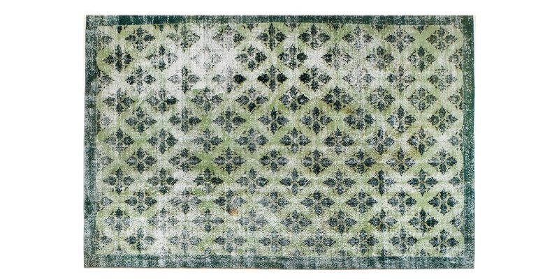 6'5x9'9'' green wool rug , 6x10 handmade rug , distressed rug , faded pastel color rug , large size bedroom rug , 194x296 cm , floral rug