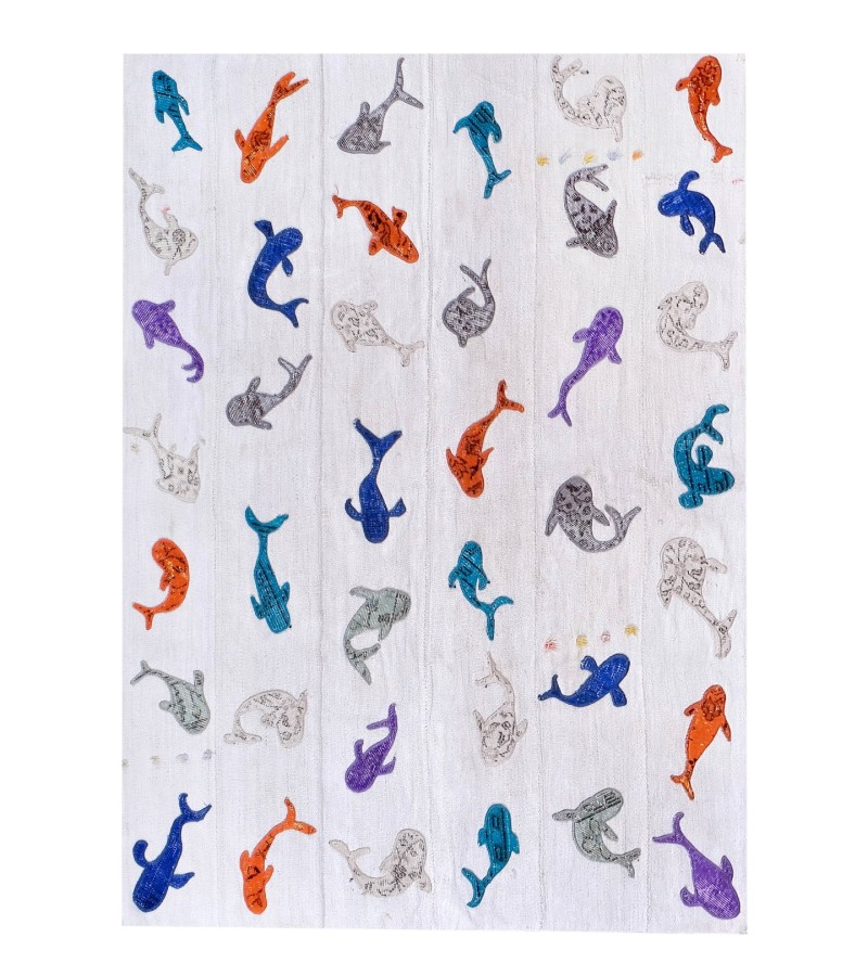 5x7 tiny sharks carpet , custom handmade work , hemp in wool rug , unique beauty , decoration work , custom made to order , 170x216 cm