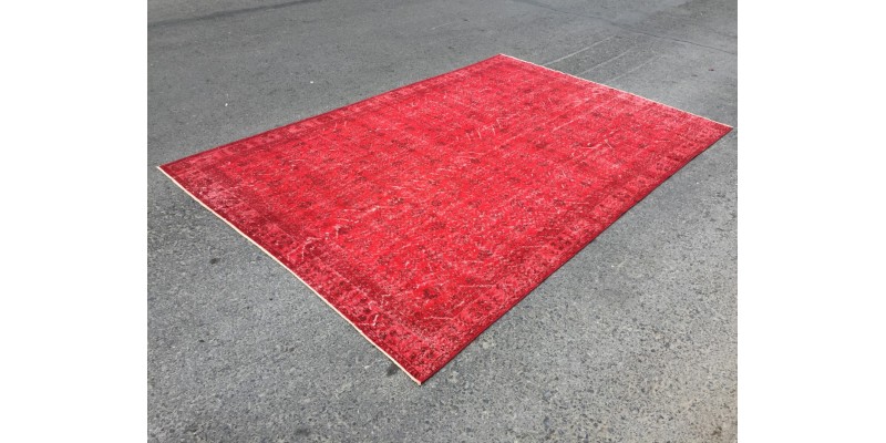 7x10 red distressed area rug, Living room rug, 6'11 X 10'4 Turkish rug
