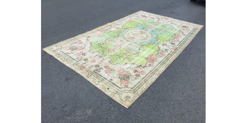 6x11 colourful bedroom rug, pastel green rug, 6'3 X 10'8 vintage Turkish rug