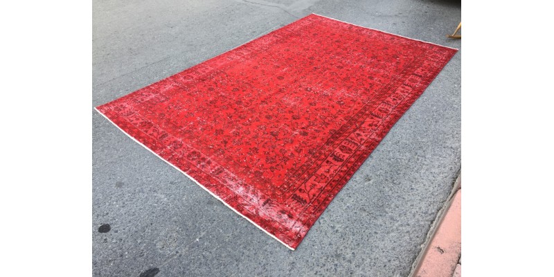 7x10 red retro rug, handmade area rug, 6'9 x 10'4 woven rug , living room rug