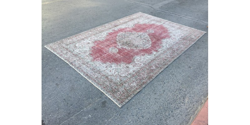 7x10 faded red gray vintage rug, , Turkish bedroom rug, 6'8 X 10' area rug