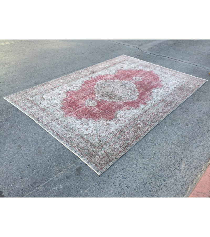 7x10 faded red gray vintage rug, , Turkish bedroom rug, 6'8 X 10' area rug