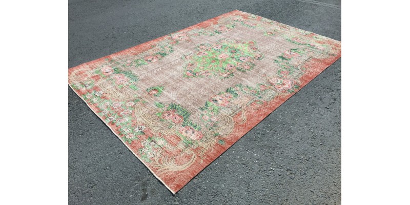 7x11 oversize retro rug, Area rug, Brown Orange Green Living room rug,7'3 X 10'9 Floral Bedroom rug