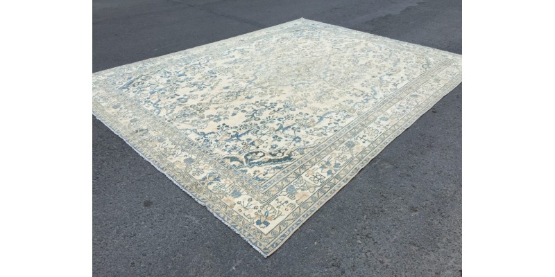 10x13 beige blue vintage rug, bedroom rug, oversize rug, 9'9 X 13'3 wool rug
