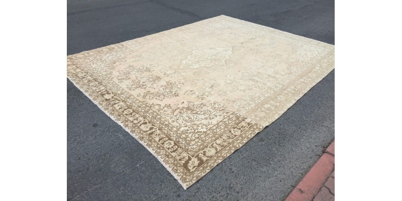 10x13 woven wool rug, beige brown rug, , Vintage Rug, 9'7 X 12'6 faded rug