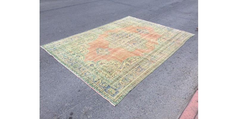 8x10 retro faded rug, oriental yellow red rug, 7'7 X 10'5 Handmade vintage rug