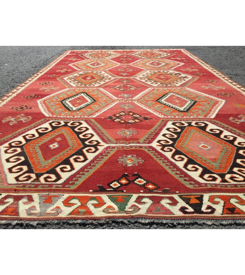 6x10 wool geometric area rug, modern boho red retro kilim, 5'7 X 9'6 Turkish home decor rug