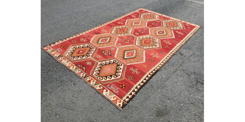 6x10 wool geometric area rug, modern boho red retro kilim, 5'7 X 9'6 Turkish home decor rug