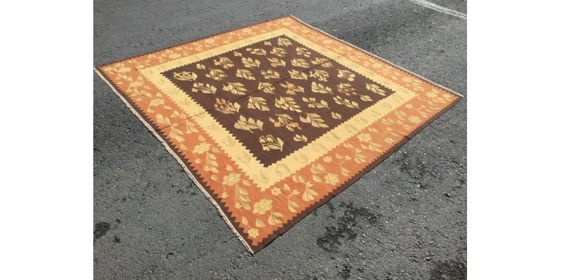 8x8 square antique kilim, brown Romanian flat woven rug, 7'10 X 7'11 vintage kilim