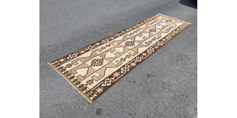 3x12 beige brown runner, Turkish runner, 3'4 x 11'7 geometric handmade runner