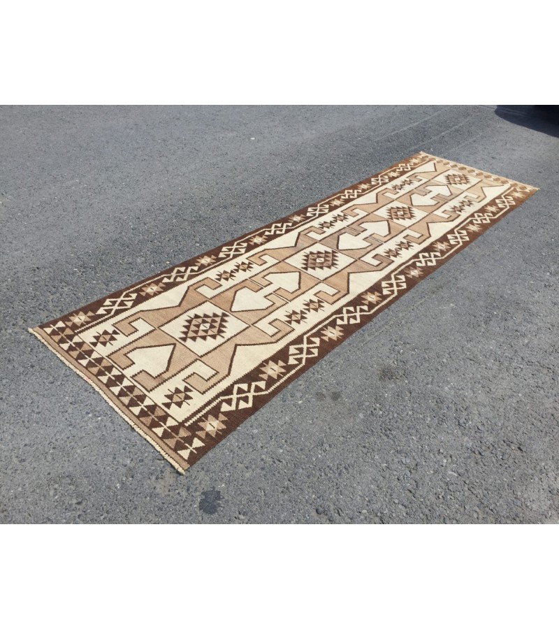 3x12 beige brown runner, Turkish runner, 3'4 x 11'7 geometric handmade runner