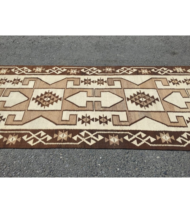 3x12 beige brown runner, Turkish runner, 3'4 x 11'7 geometric handmade runner