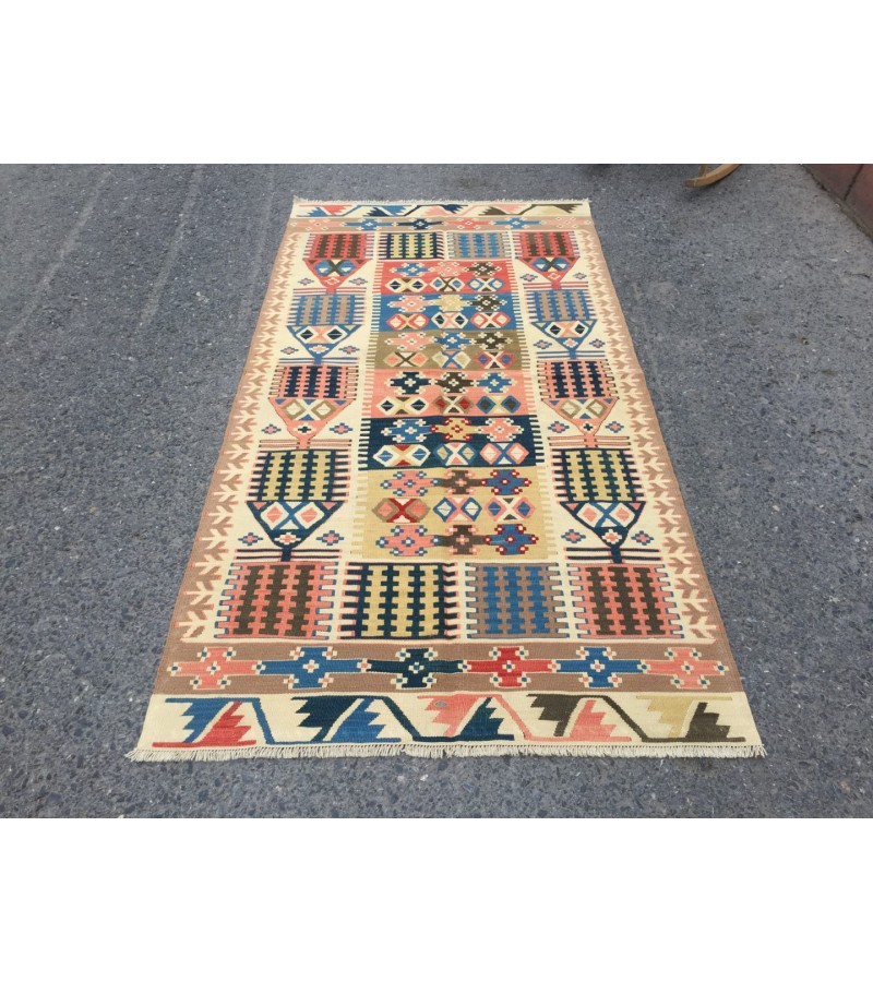 3x7 rainbow geometric kilim rug, Turkish kilim, flat woven rug, 3'3 X 6'6 area rug