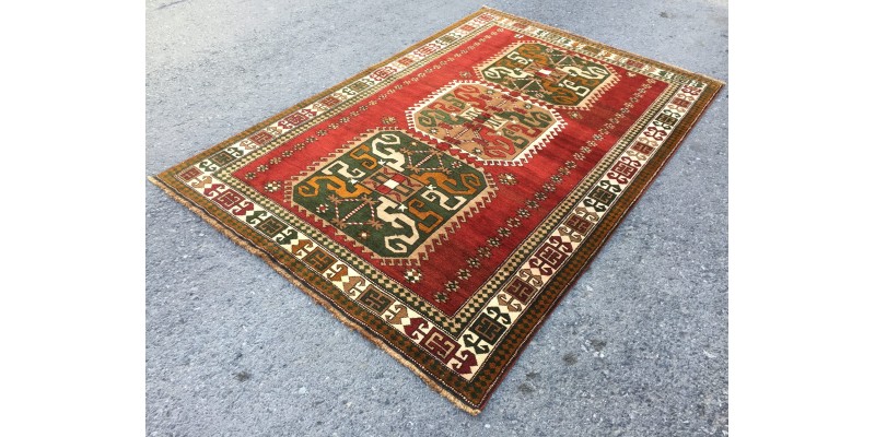 6x8 geometric rug, red green rug, Turkish rug, Oriental rug,5'6 X 8'2 Handmade rug