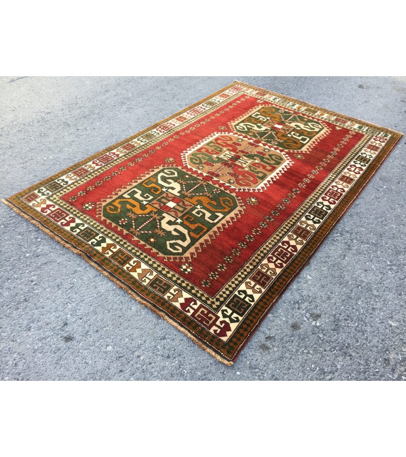 6x8 geometric rug, red green rug, Turkish rug, Oriental rug,5'6 X 8'2 Handmade rug