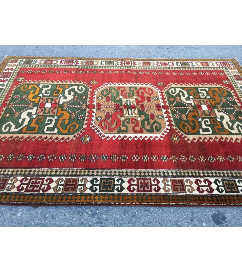 6x8 geometric rug, red green rug, Turkish rug, Oriental rug,5'6 X 8'2 Handmade rug