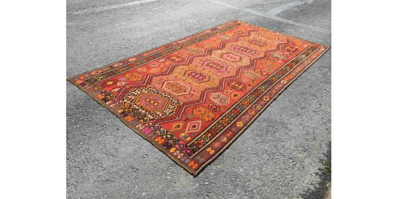 7x13 geometric rainbow kilim, rustic living room rug, Turkish handmade rug ,7'5 X 13'1 woven rug