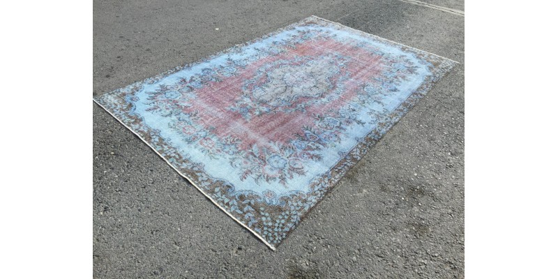 6x9 Turkish rug, Oriental rug, Handmade rug , 6' X 9'5 red blue living room rug 