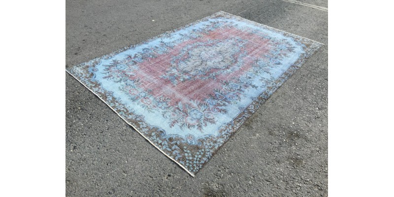 6x9 Turkish rug, Oriental rug, Handmade rug , 6' X 9'5 red blue living room rug